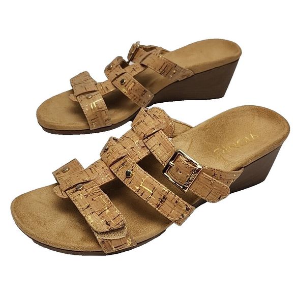 Vionic Radia Sandal Shoe 2" Wedge Heel Brown Cork Adjustable Women's 6 Slip On - Picture 1 of 16
